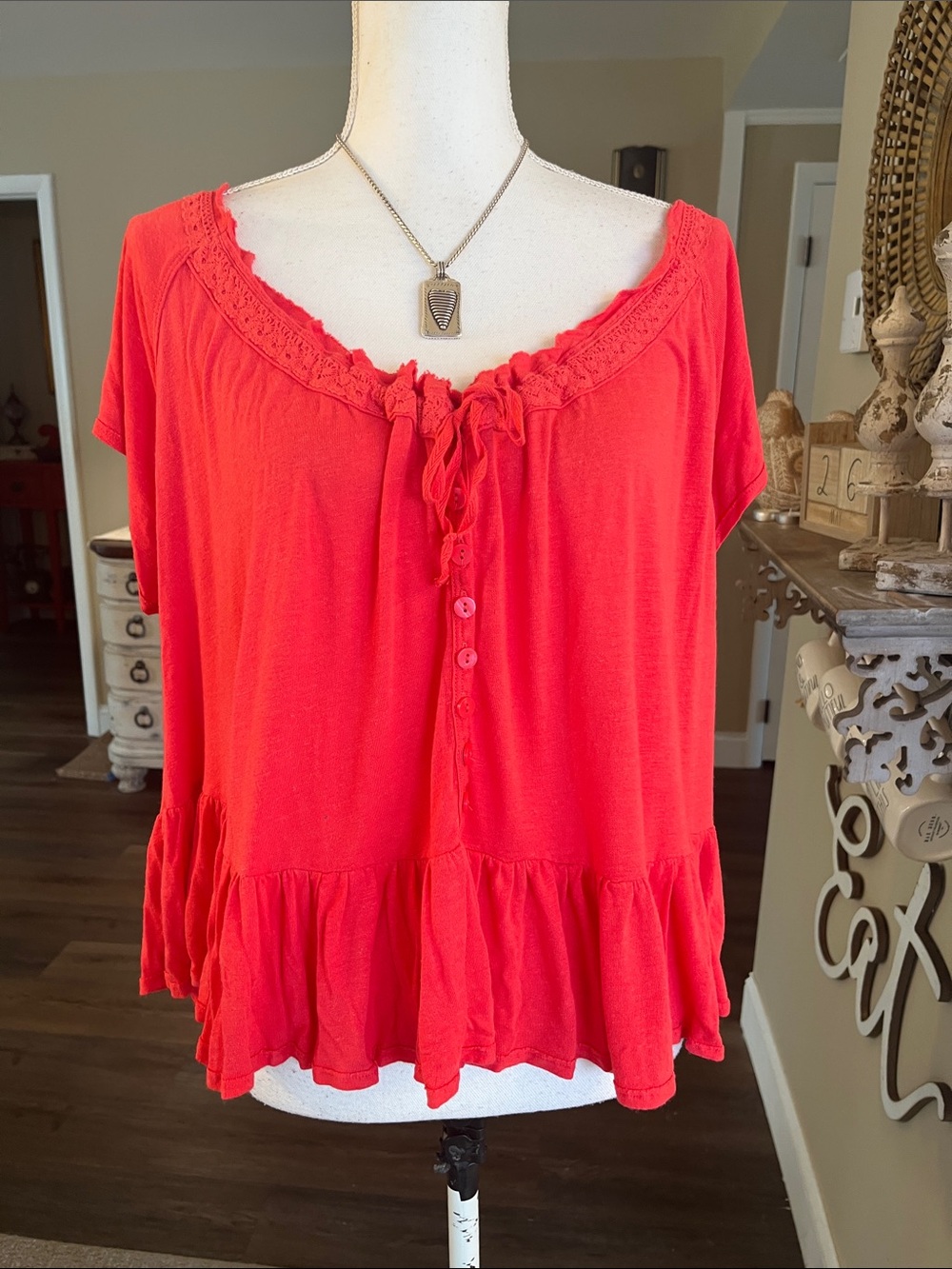 Free People Bright Red Peasant Top with Ruffle Hem